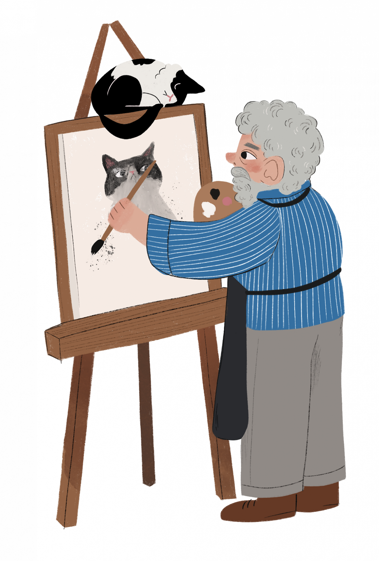 Äldre person med grått skägg, blå tröja och gråa byxor målar en tavla, tavlan står på ett staffli