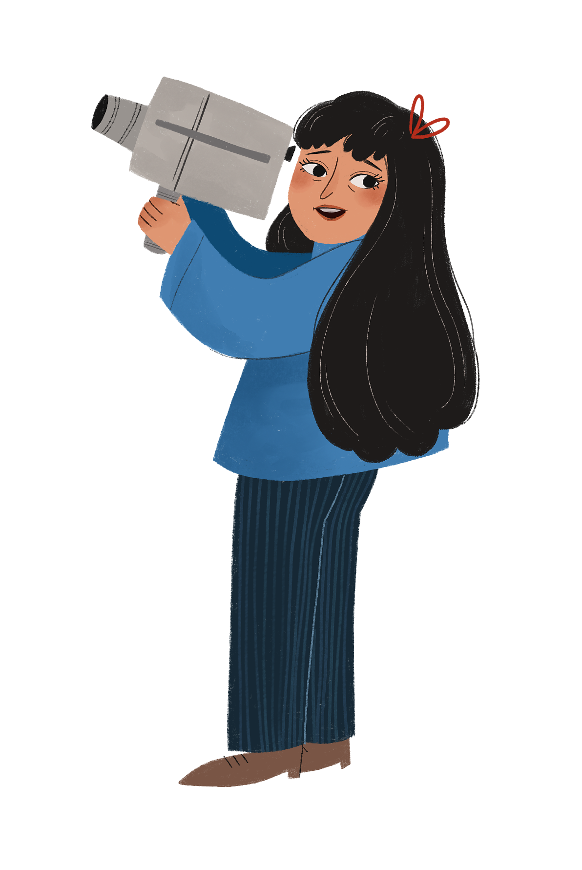 Illustration of girl with black hair and blue sweater holding a videocamera