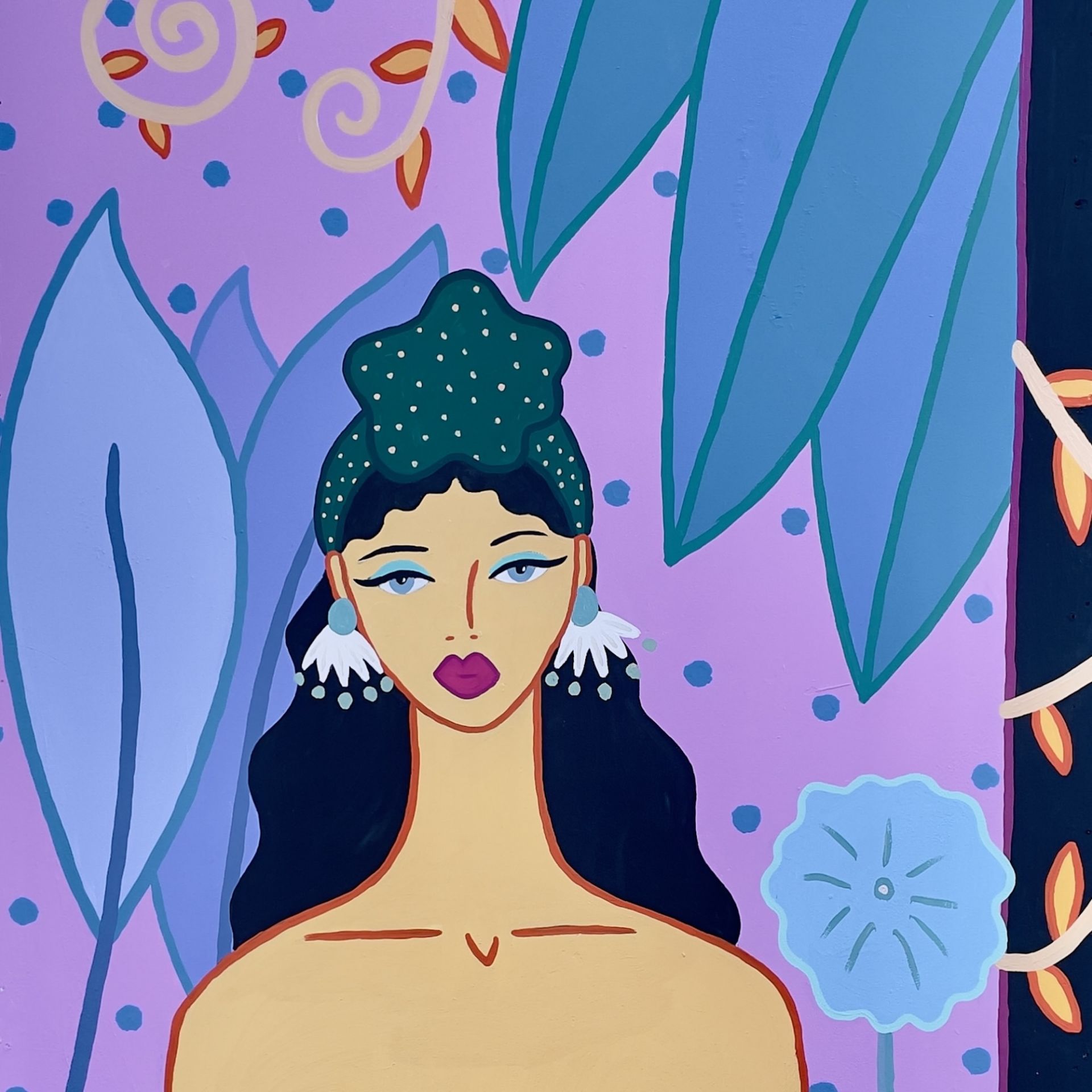 Malaika Mollel, Stargazer, akryyli vanerille, 150 x 300cm, 2024