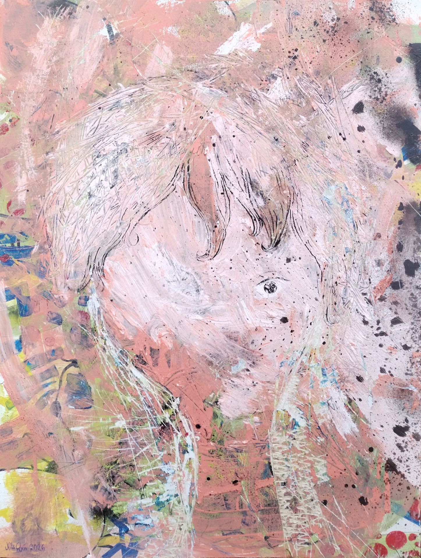 NILS QVIS Minne av ett bortglömt fejs, 2026 wall paint & ink on veneer 55 x 75 cm