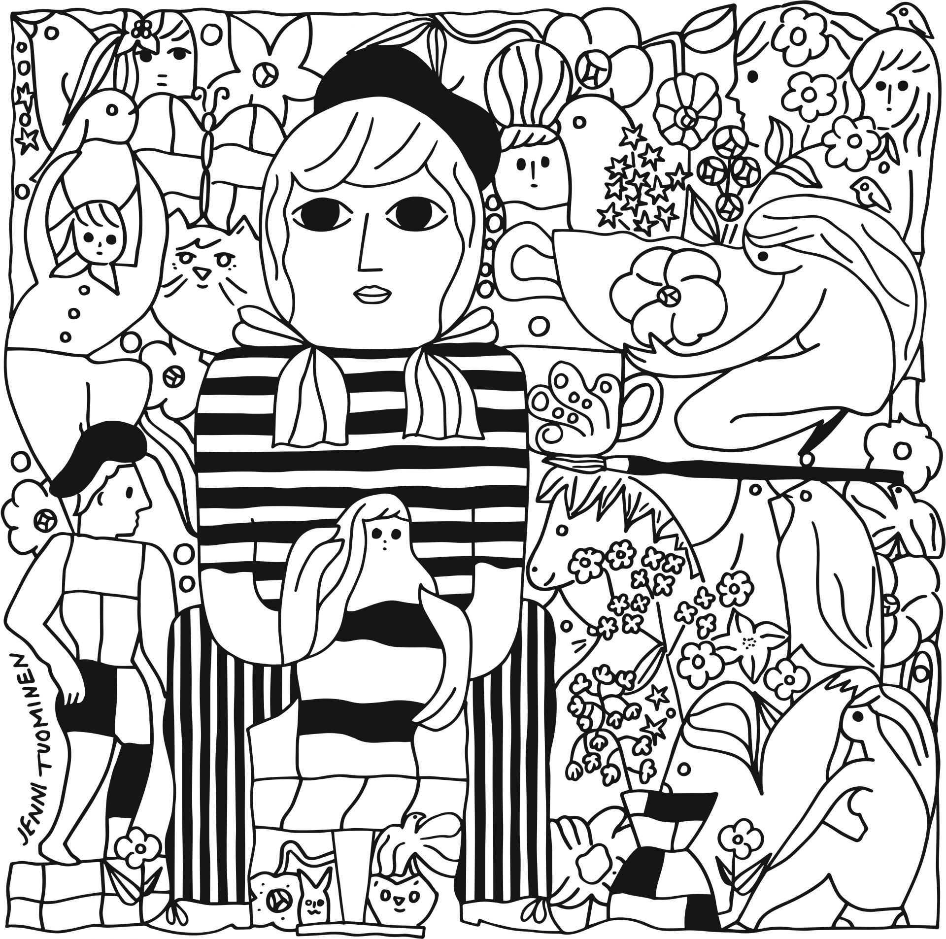 Svartvit illustration med människo- och djurfigurer. I mitten en person med randig skjorta och basker som drejar. Illustration av Jenni Tuominen, Konstrundan 2022