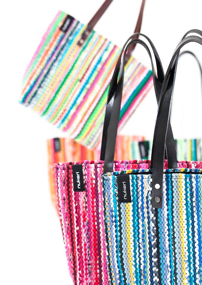 colorful cotton bag with leather handle