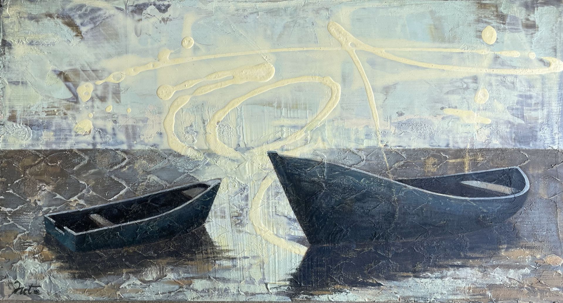 Juta Policja, painting, two boats meeting on a grey sea. Konstrundan 2023