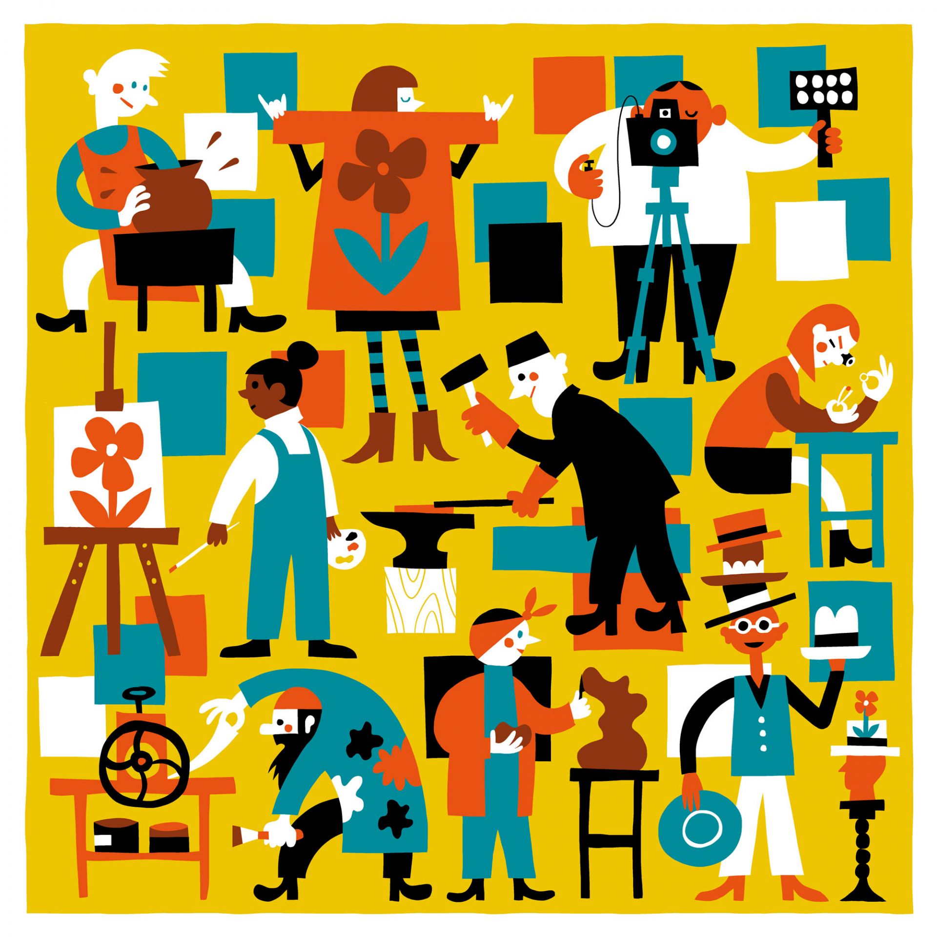 Black and white illustration with human and animal figures by the artist Jenno Tuominen for Konstrundan 2022