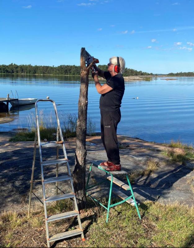 Ett dött träd förvandlas till en skulptur- en hand som håller i ett eldklot 