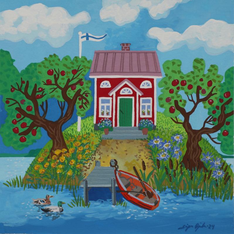 Sirpa Ojala, Lintukoto, guassimaalaus, 30x30, 2024, Sirpa Ojala