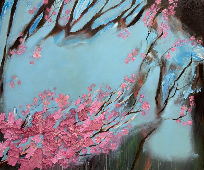 Sakura, sekatekniikkamaalaus kankaalle, 155x185cm, 2025