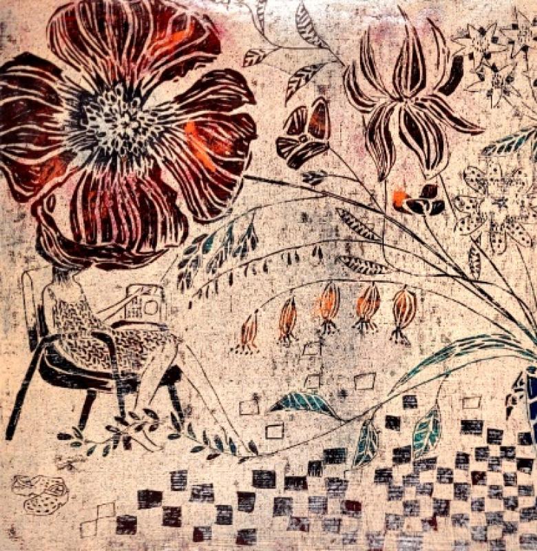 Sirkka Palonen, Tänään kotona, puupiirros 30x40cm 2024