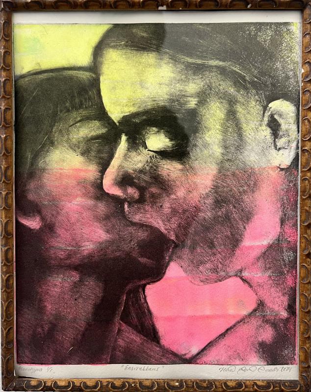 Ensirakkaus, monotypia 1/1, UV-hohtava, 31x25, kehystetty, 2024