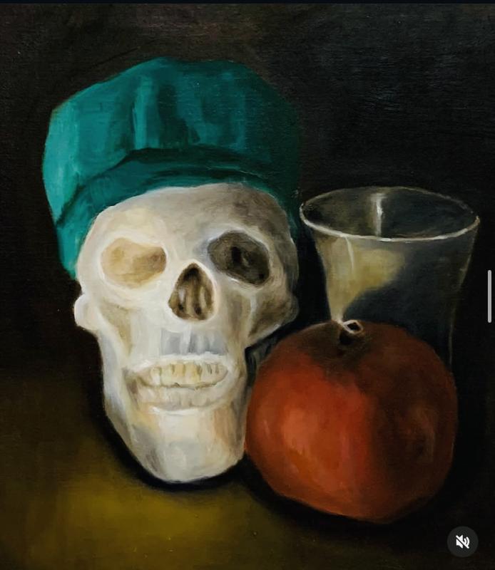 Vanitas II, 29x21 cm, öljy, pojustettu mdf-levy, v. 2023, Marja Rosenberg