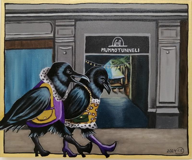 Tuula Toukkari, Böönat baanalla, akryyli 46x38, 2024, kuvaaja Tuula Toukkari