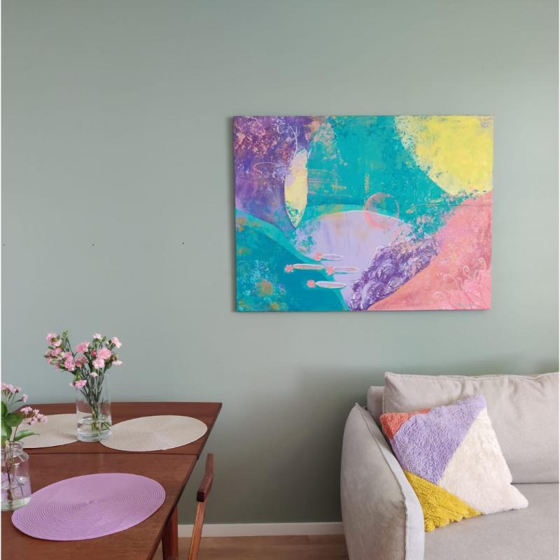 Tiina Miettinen
Mielikuvitusta, 2024
Akryylimaalaus ja ompelu struktuuripohjalle
90x120cm
Kuva: Tiina Miettinen