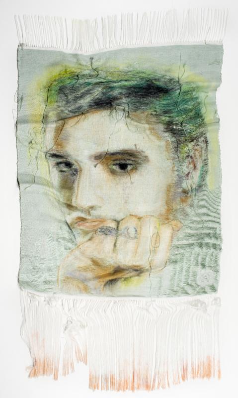 GREEN–HAIRED ELVIS (2021)
142 x 104 cm
Hand woven digital jacquard, mixed media
Silk, cotton, dry pastel
Photo: Anne Kinnunen
