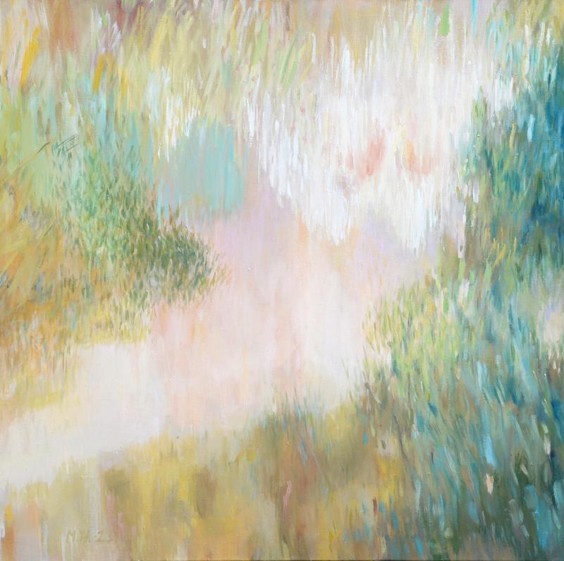 Marjo Yli-Antola, Poluille lankeavat valot, öljymaalaus kankaalle, 75 x 125 cm, 2023. Kuvaaja Marjo Yli-Antola