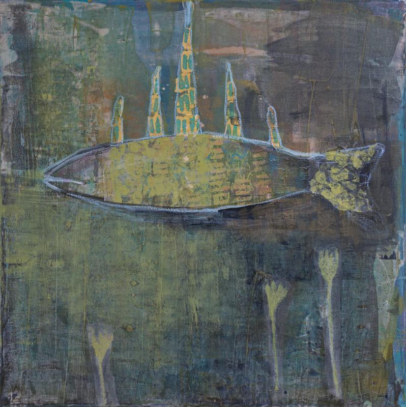 Lähilammen kuningaskalastaja, 2024, sekatekniikka kankaalle, 70 x 70 cm