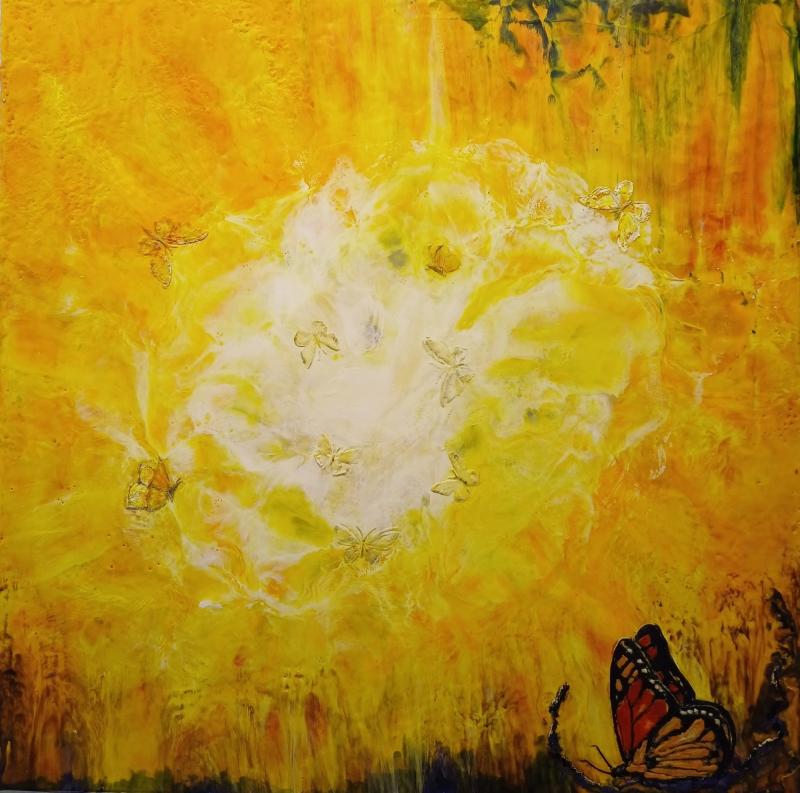 Sari-Aino Tolonen, Ansassa,80x80cm,encaustic vanerille,2024-2025, 
Kuvaaja Sari-Aino Tolonen