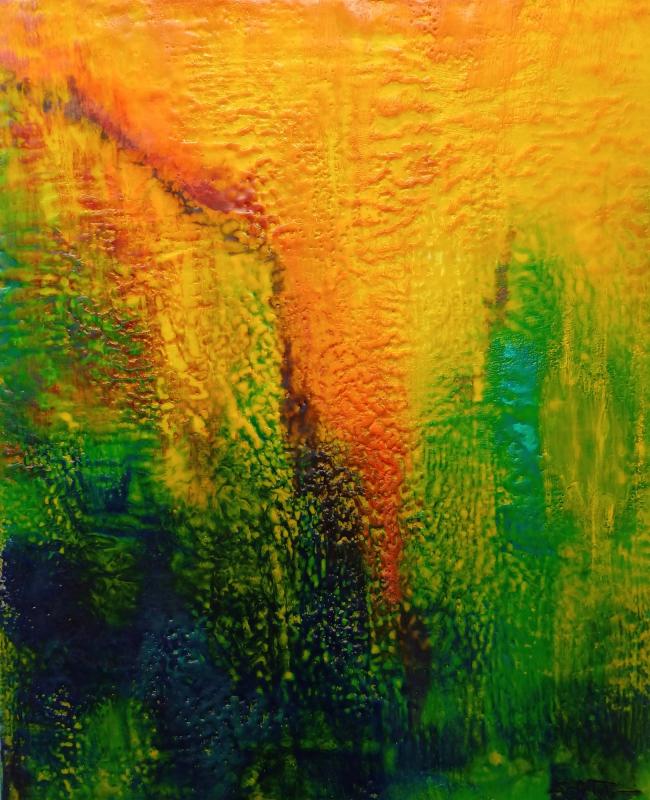Sari-Aino Tolonen,Malagan lämpö,60x50cm, encaustic kovalevylle, 2024, Kuvaaja Sari-Aino Tolonen