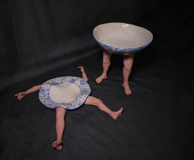 Serveringsförslag, 2024. Stengods, underglasyr, glasyr. 4x28x29/19x18x18 cm