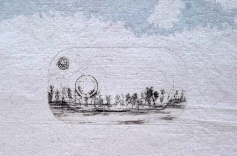 Nina Lappalainen, Taivaanrannassa, kuivaneula kankaalle, 5,5 x 10 [cm], 2024