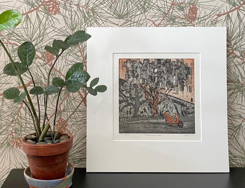 Nina Lappalainen, Tänään kaipasin kesään, viivasyövytys, pehmeäpohja ja akvatinta, 20 x 20 [cm], 2024 