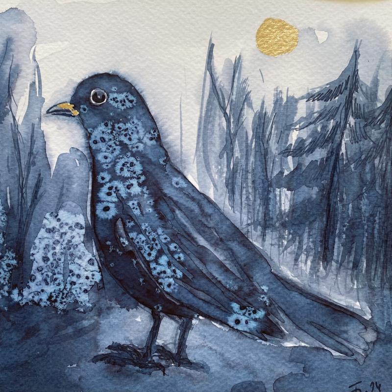 "Skymning" bläckmålning med bladguld, 20x20 cm