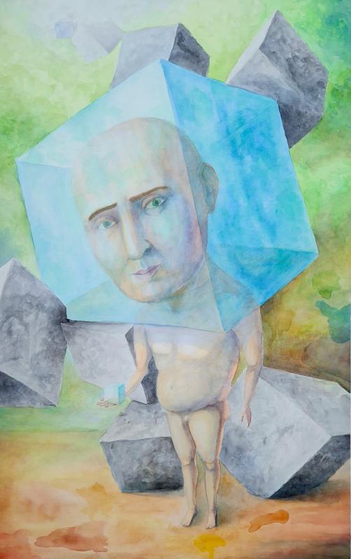 Tero Suomela, Fantastinen homo cubicus, akvarelli, 70x50 cm, 2025