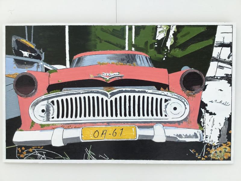 Owe Åsvik  Car wreck II 50x83 cm olja på faner 2025.