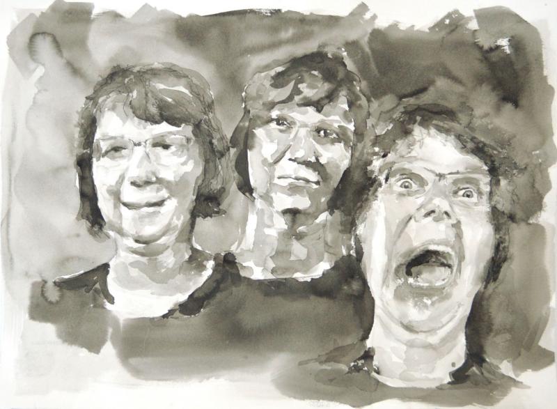 Helena Helisten, Kolme mieltä, muste paperille,  60 x 80 cm, 2019 