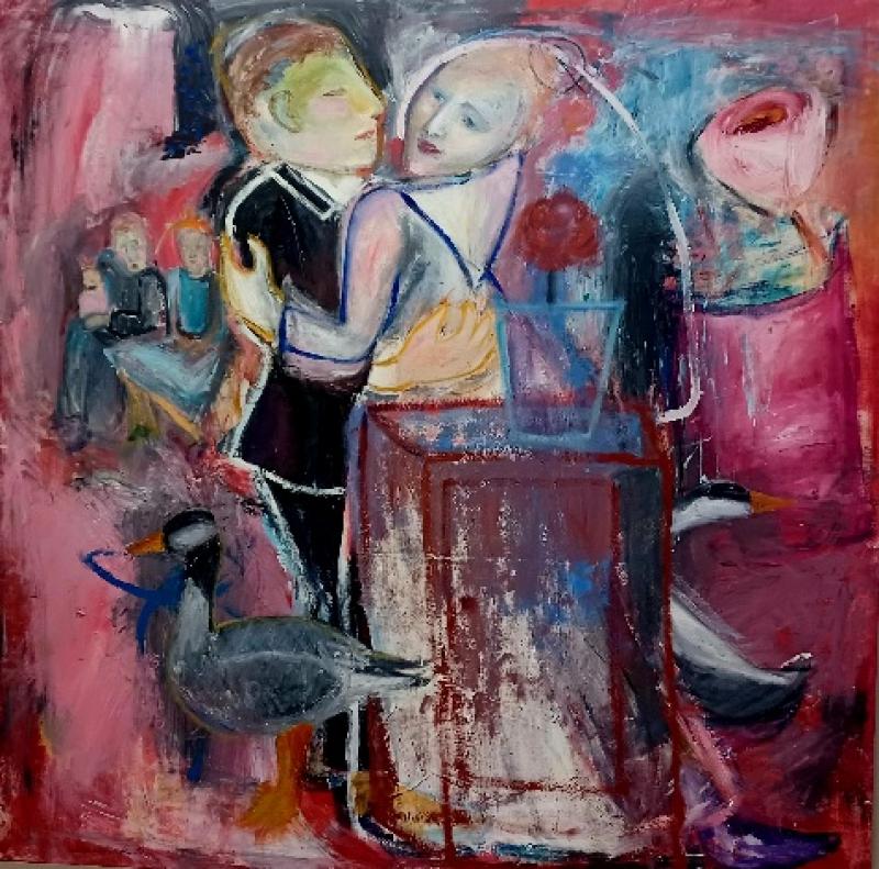 Suvi Laine-Karsten Juhlat in huomisesta 2021, öljymaalaus , 160×160cm kankaalle,  kuvaus taiteilijan oma
tekijän kuvaama
