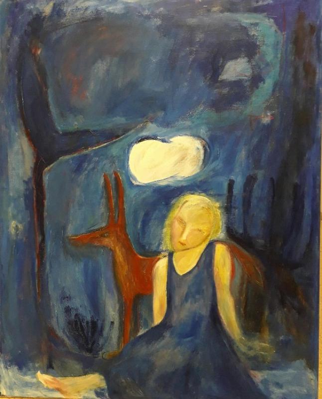 Suvi Laine-Karsten, Anubiksen tytär, 2022,Öljymaalaus 100×80cm, taiteilijan kuvaama valokuva