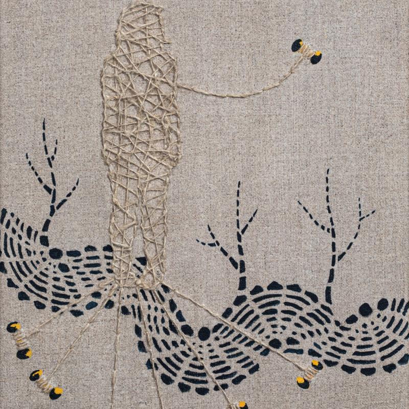Pirita Lautala_Versot_sarjasta Fragmentteja_2024_akryyli ja kirjonta kankaalle_30x38cm_kuvaaja Sami Funke