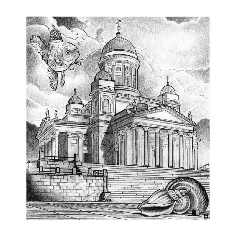 Sealife at senaatintori, drawing,  pencil on paper, 21x29,7cm