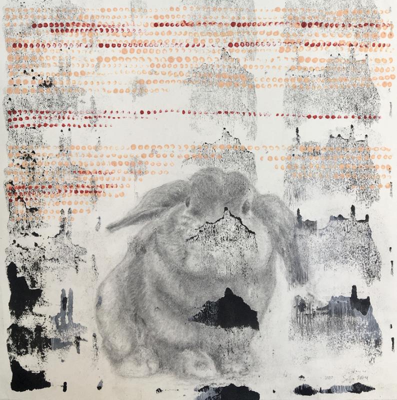 Silja Tilhi, Mikä sull' on jänönen?/Rabbit Hole, Akryyli, muste ja lyijykynä paperille, 85 x 65 cm, 2024