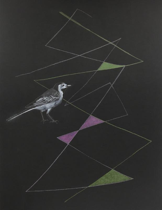 Silja Tilhi, Vähäsen, Akryylimuste ja puuvärikynät paperille, 65 x 55 cm, 2023