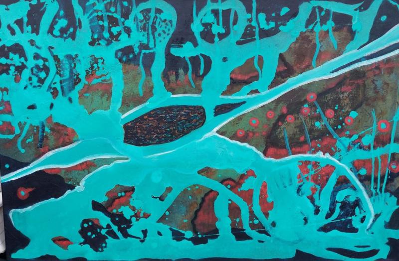 Sirja-Erika Virpikari 2024. Virran mukana kulkevat. Akryyli kankaalle. 65 x 100 cm.