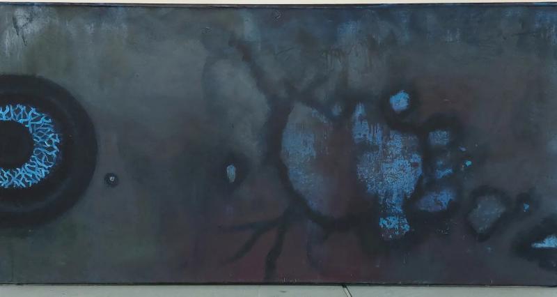 Sirja-erika Virpikari 2024.  Pinnanalainen. Akryyli ja kuivapigmentti kankaalle. 65x135 cm.