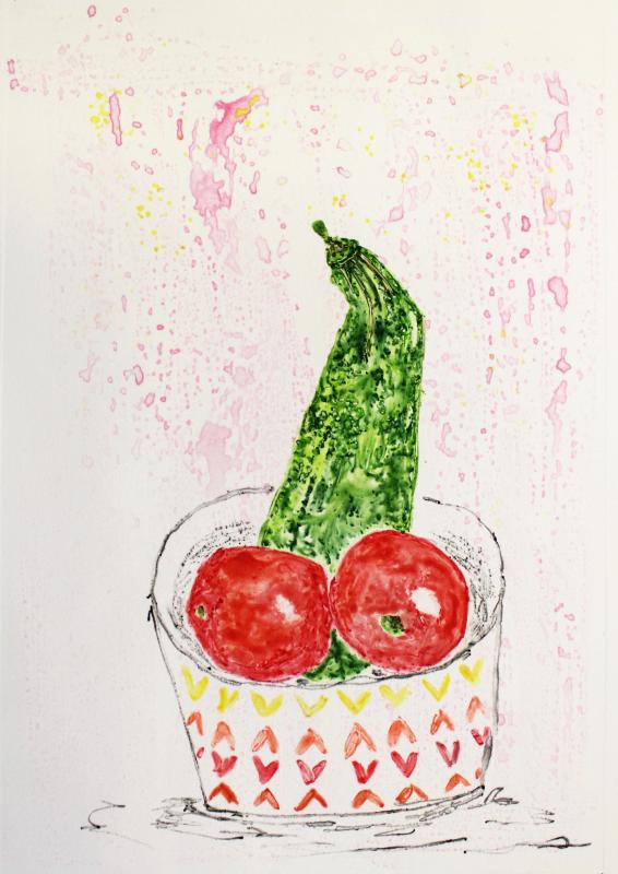 Maria Markus, Dyykkivihannekset, kesäkuu 2017, monotypia, n. 27,5 x 18cm, 2019
