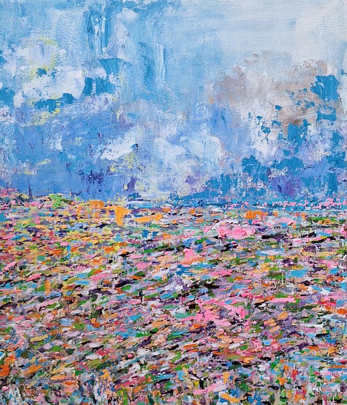 Aaron Hermunen, Pilvien alla (2024, akryyli, 47x41cm). Kuva: Aaron Hermunen 