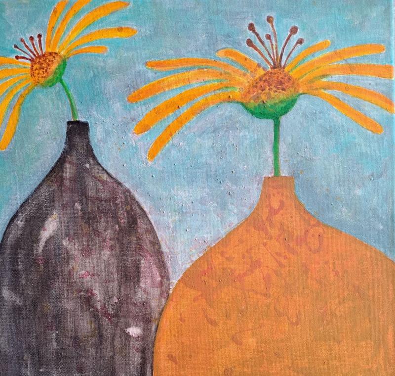 Ritva Sirjala, Kukat maljakoissa, akryyli kankaalle, 40x40cm, 2024, kuvaaja Ritva Sirjala