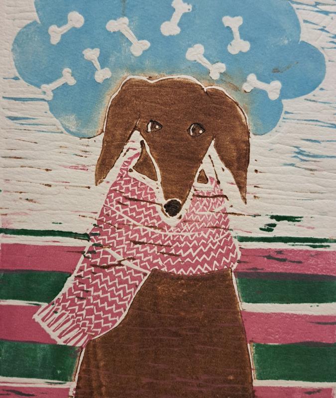 Ritva Sirjala, Koiran unelma, kohopaino, 16x12cm, 2024, kuvaaja Ritva Sirjala