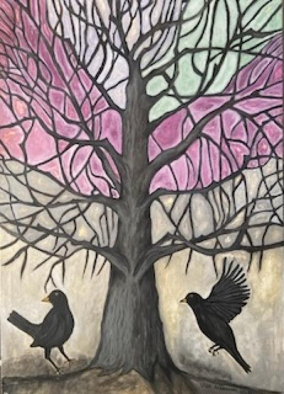 Ulla Nikkanen, " Mustarastaat keväällä", tempera kankaalle, 100x120cm, 2024, Kuvaaja Ulla Nikkanen