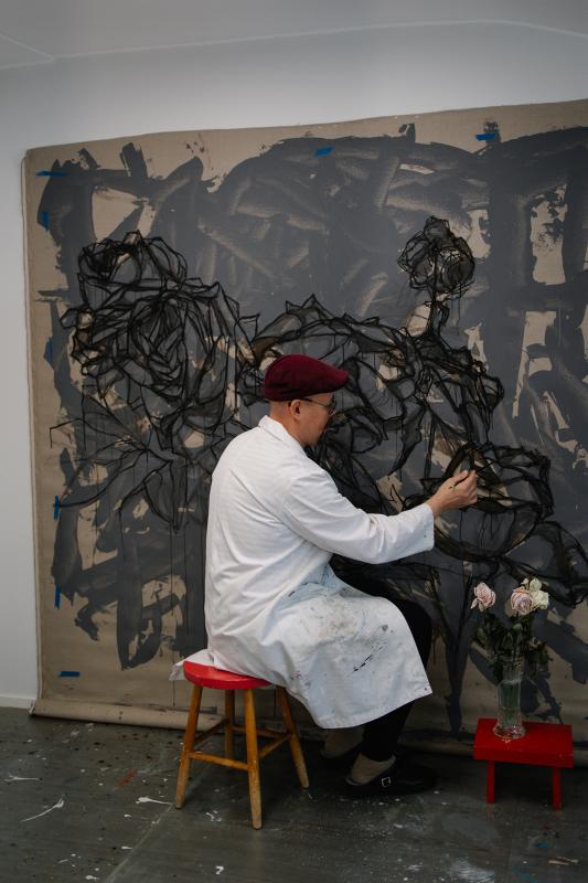 Ruusutarha, 220x260cm, tussi, hiili, akryyli kankaalle 2025