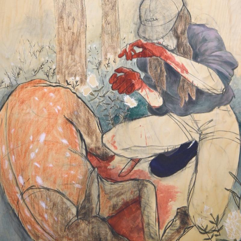 Aeon Lux, yksityiskohta teoksesta "Suopursu", sekatekniikka vanerille, 80 x 120 cm, 2024