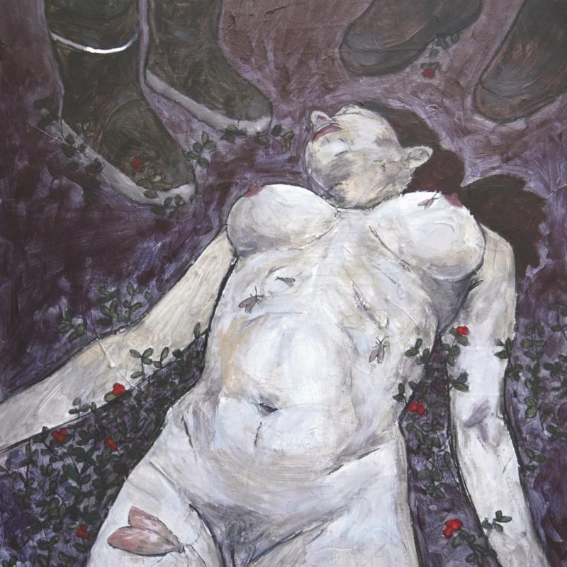 Aeon Lux, yksityiskohta teoksesta "Puolukka", hiili ja akryyli mdf-levylle, 75 x 105 cm, 2024