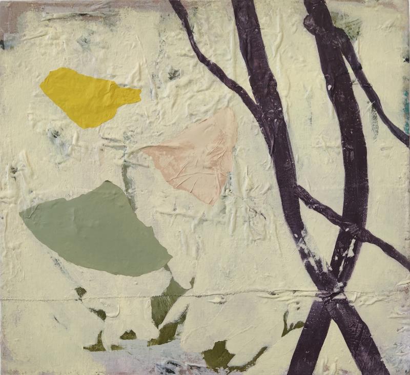 Heidi Hakkarainen, Mustarastas laulaa menneisyydestä (Blackbird Sings From The Past), akyyli, kangas ja paperi vanerille, 41 x 44 cm, 2023, kuva: Heidi Hakkarainen