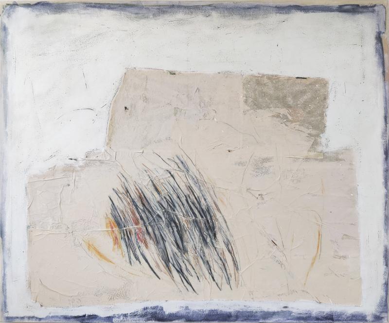 Heidi Hakkarainen, Eilisen jäljet (Signs of Yesterday), akryyli, värikynät ja paperi kankaalle, 100 x 120 cm, 2021, kuva: Heidi Hakkarainen