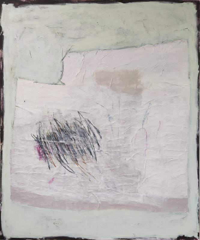 Huomisen jäljillä (Tracing Tomorrow), akryyli, värikynät ja paperi kankaalle, 120 x 100 cm, 2021, kuva: Heidi Hakkarainen