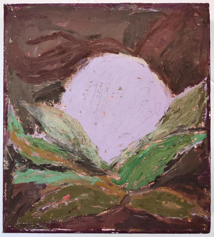Inkeri Halme:  Elonkorjuu/ Kuu, öljypastelli ja vesiväri liitupohjalle, 26 cm x  29 cm, 2024, kuvaaja: Inkeri Halme