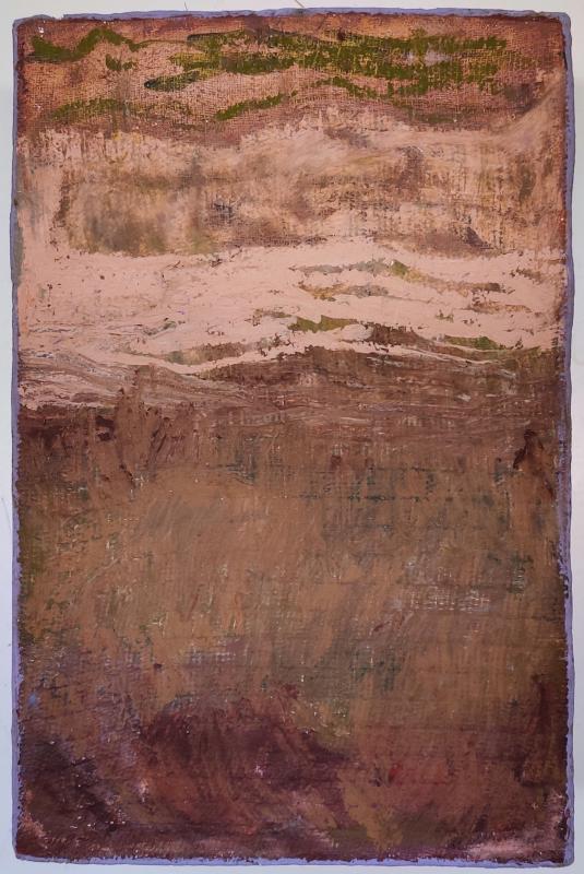Inkeri Halme: Maisema, vesiväri ja öljypastelli liitupohjalle, 30 x 20 cm,  2024, kuvaaja: Inkeri Halme