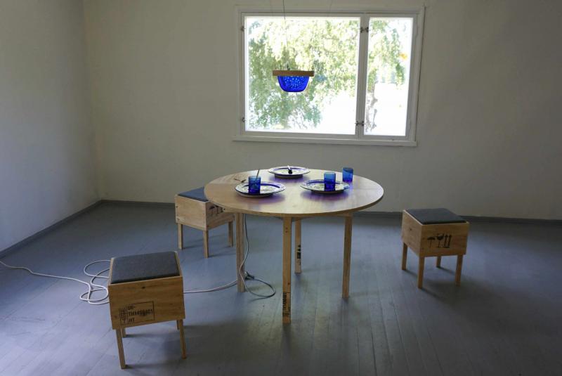 Blue Moon, wood/electronics/glass, dimensions of table 110*110*74 cm, 2024, photographer Marloes van Son